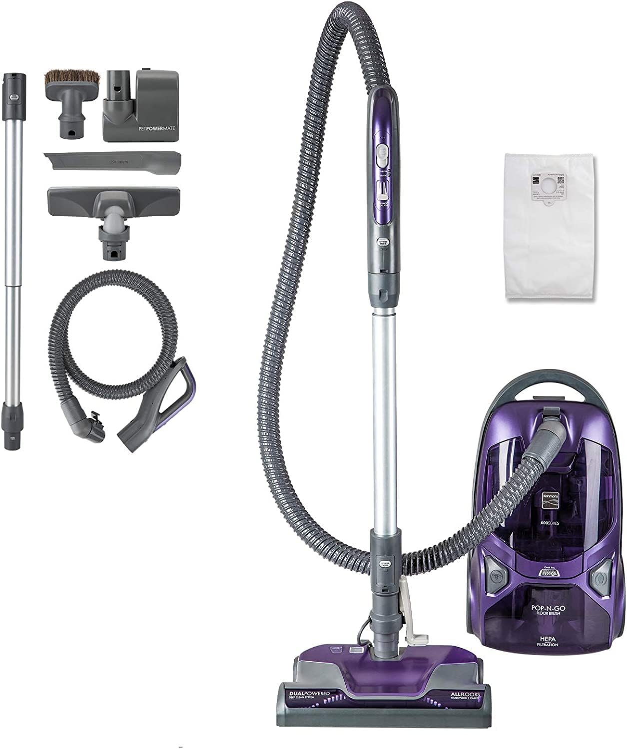 Kenmore 600 Series Pet Friendly Lightweight Bagged Canister Vacuum with Pet PowerMate, Pop-N-Go Brush, 2 Motors, HEPA Filter, Aluminum Telescoping Wand, Retractable Cord and 4 Cleaning Tools, Purple