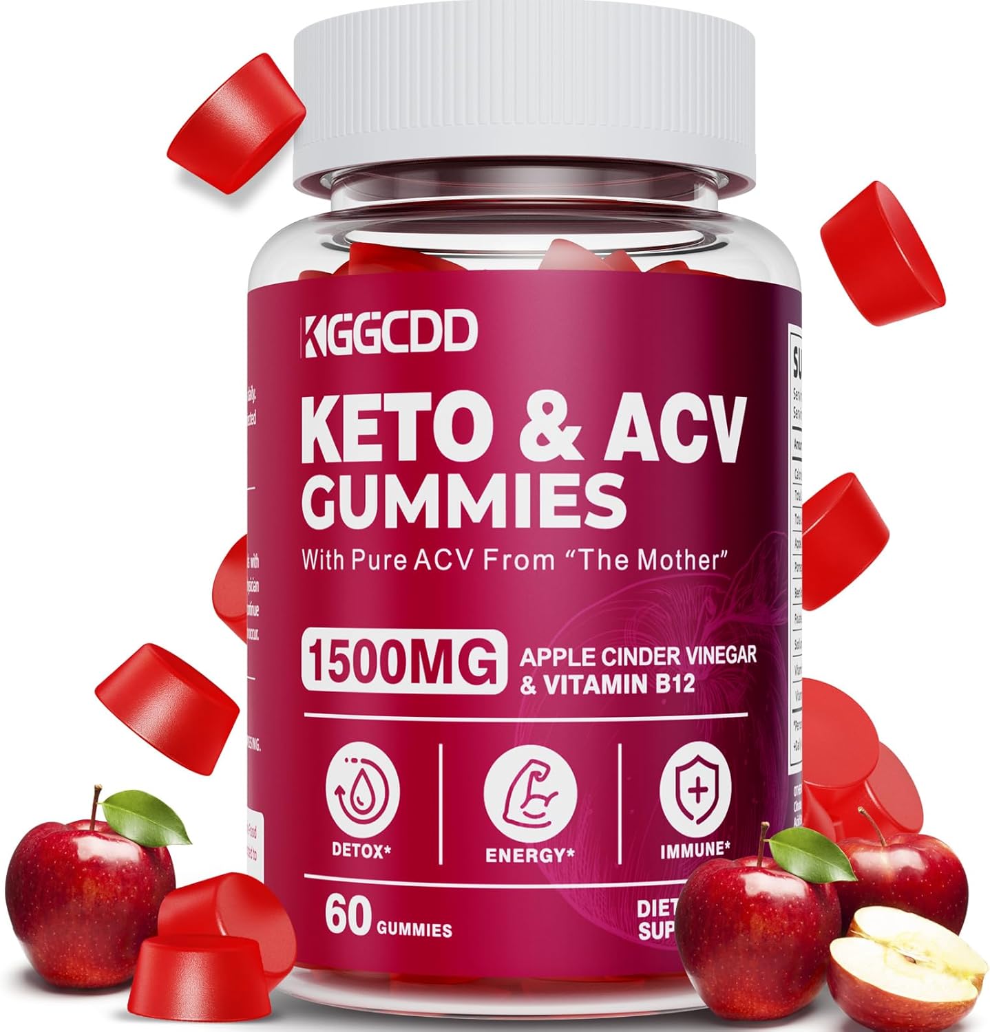 Keto ACV Gummies Advanced Weight Loss, Keto Gummy Supplement for Women and Men, with 1500MG Apple Cider Vinegar & Vitamin B12, Vegan & Non-GMO, Detox & Cleanse, Low-Carb, 60 Count
