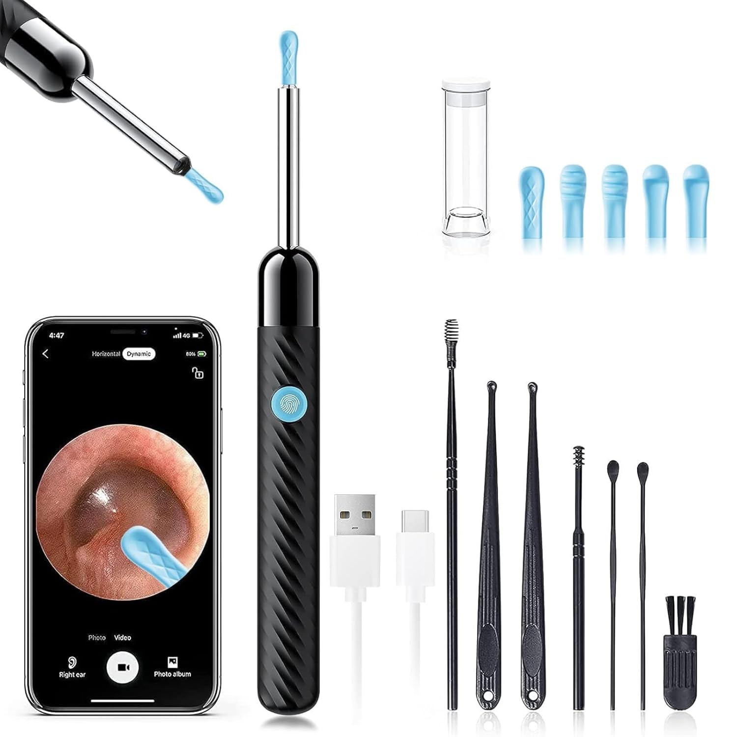 LEIPUT Ear Wax Removal – Earwax Remover Tool with 8 Pcs Ear Set – Ear Canal Cleaner with 1080P Camera – FSA HSA Eligible – Ear Cleaning Kit with 6 Ear Spoon – Ear Camera for iOS & Android (Black)
