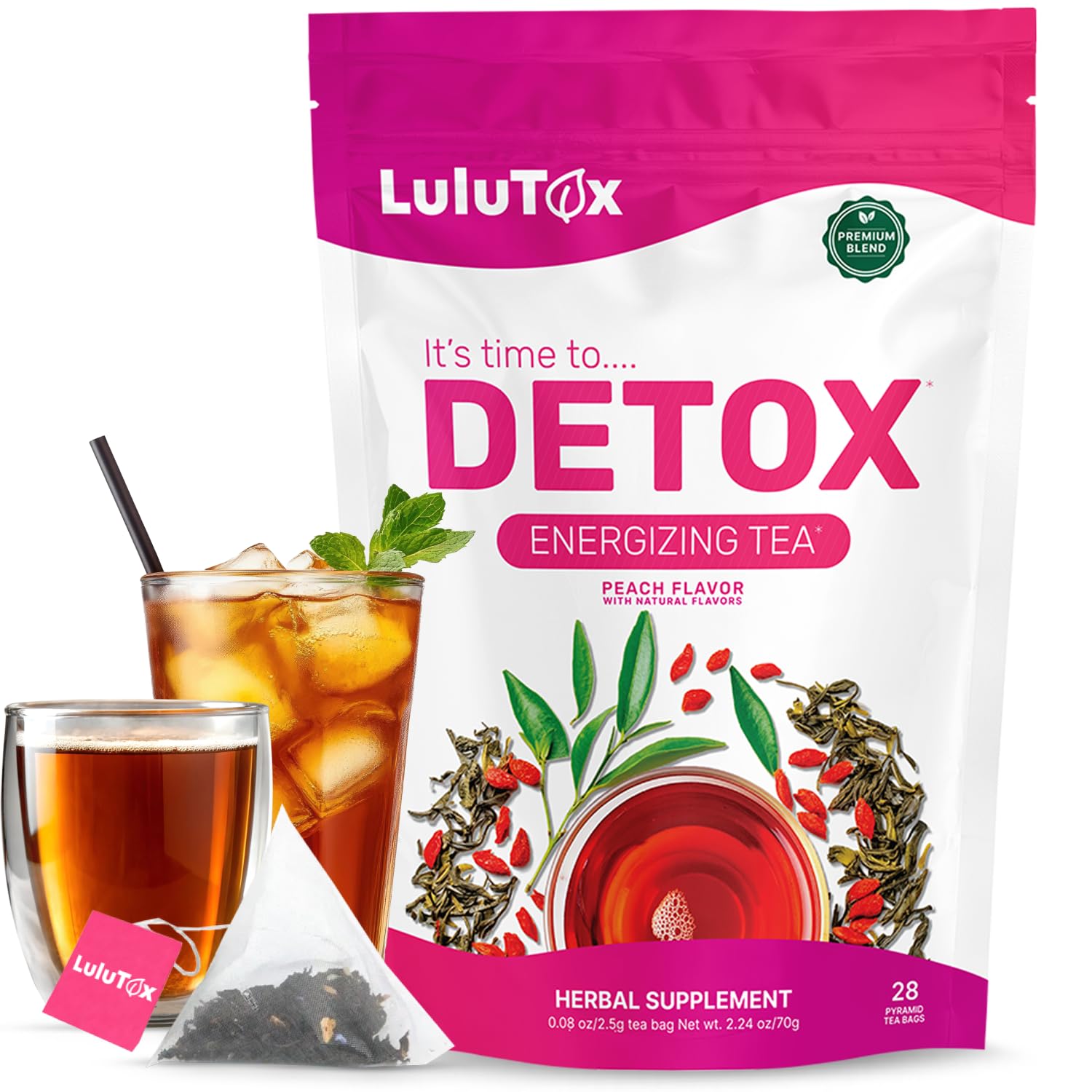 LULUTOX Detox Tea – Herbal Blend with Dandelion, Ginseng, and Ginger – Supports A Healthy Weight, Digestive Health – Vegan, All Natural, Laxative-Free – Peach Flavor (28 Servings)