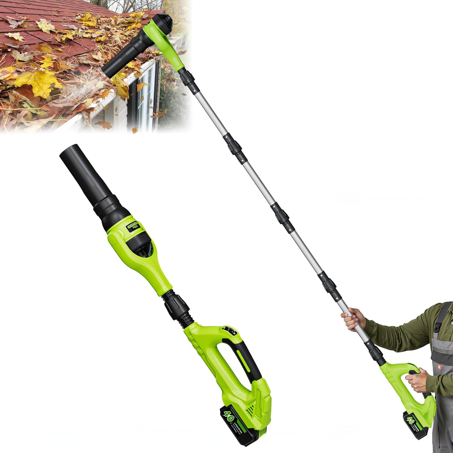 Leaf Blower Cordless, 40V Leaf Blowers with 2 Battery Brushless 300° Rotatable Blower Tube with Adjustable Pole (98inch) 580CFM/180MPH & 2 Speed Gutter Cleaning Tools for Garden，House