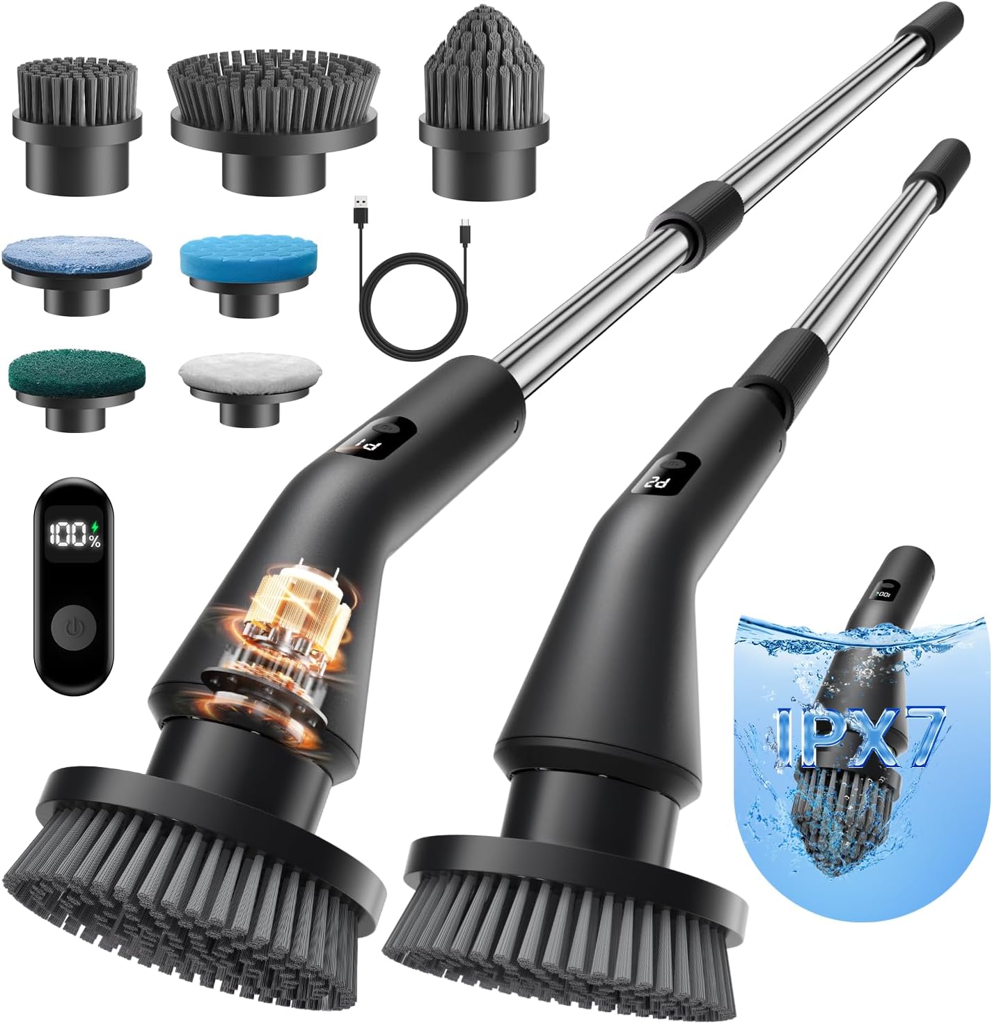 Leebein Electric Spin Scrubber, 2026 Upgraded Cordless Cleaning Brush Bathroom Scrubber, IPX7 Waterproof Electric Scrubber with 7 Brush Heads, Extendable Long Handle Power Scrubber for Bathtub Floor