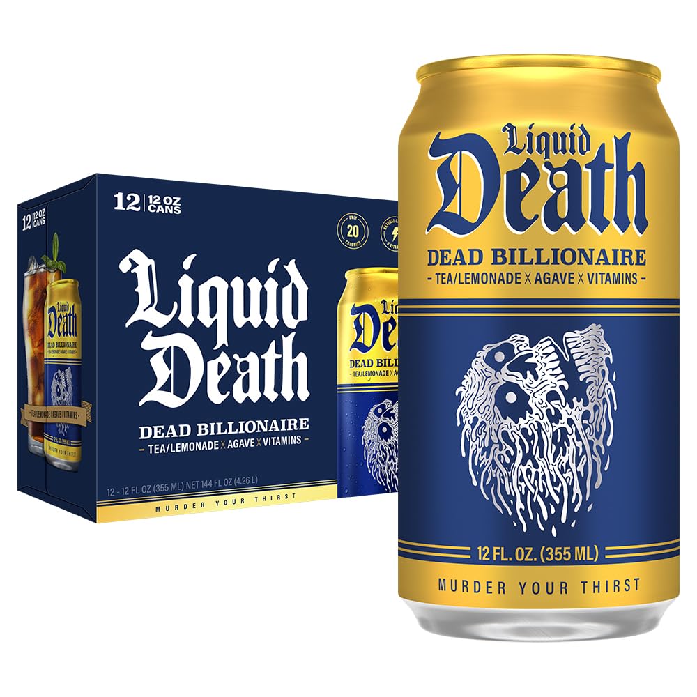 Liquid Death Iced Tea – Dead Billionaire (Black Tea/Lemonade), Less Sugar*, Boost of Caffeine, B Vitamins, No Artificial Sweeteners, 12 Fl Oz (Pack of 12)