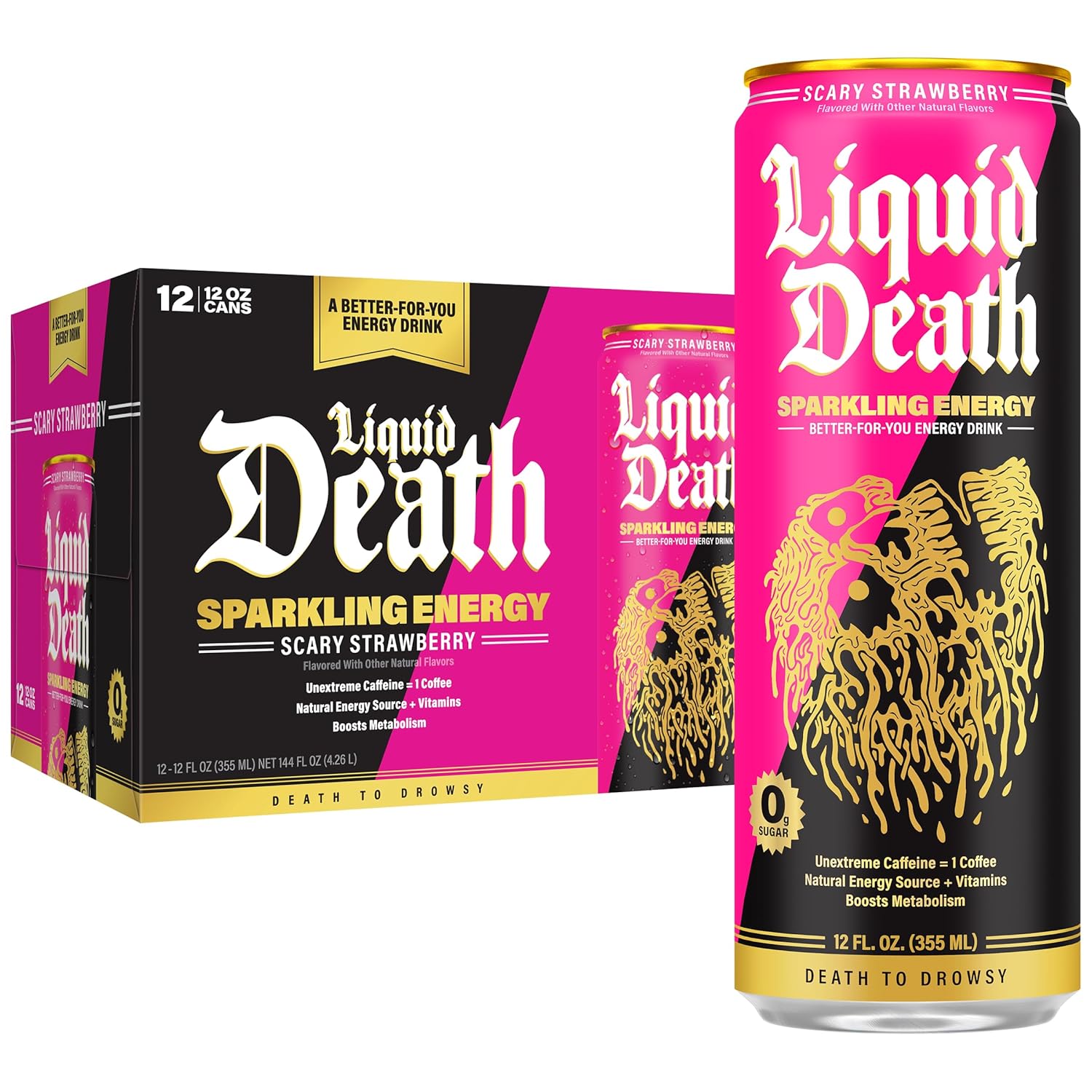 Liquid Death Sparkling Energy – Scary Strawberry, Zero Sugar Energy Drink, Unextreme Caffeine 100mg, Essential Vitamins, 12 Fl Oz (Pack of 12)