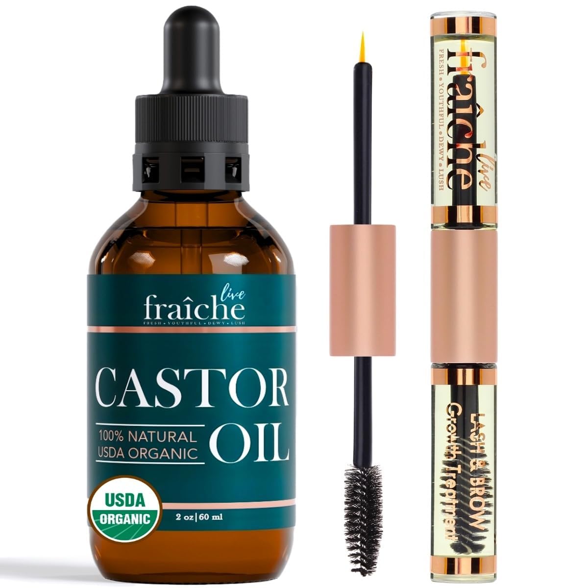 Live Fraiche Organic Castor Oil Lash Serum for Hair Growth, 100% Pure Eyebrow Eyelash Growth Serum, Cold Pressed Hexane Free (2oz Glass Bottle + FILLED Mascara Tube)