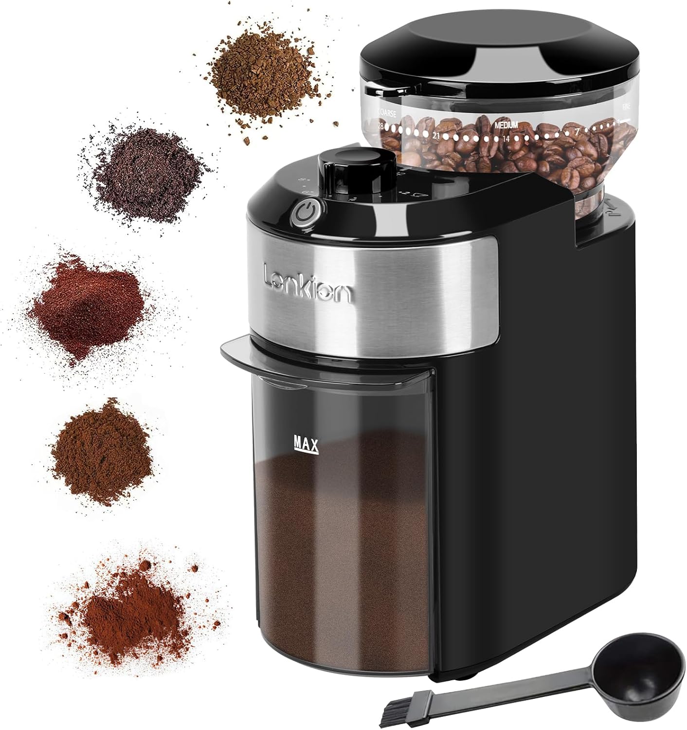 Lonkion Burr Coffee Grinder Electric – Adjustable Burr Grinder with 28 Precise Grind Settings for 12 Cups – Coffee Grinders for Home Use – Professional Coffee Bean Grinder – Stainless Steel