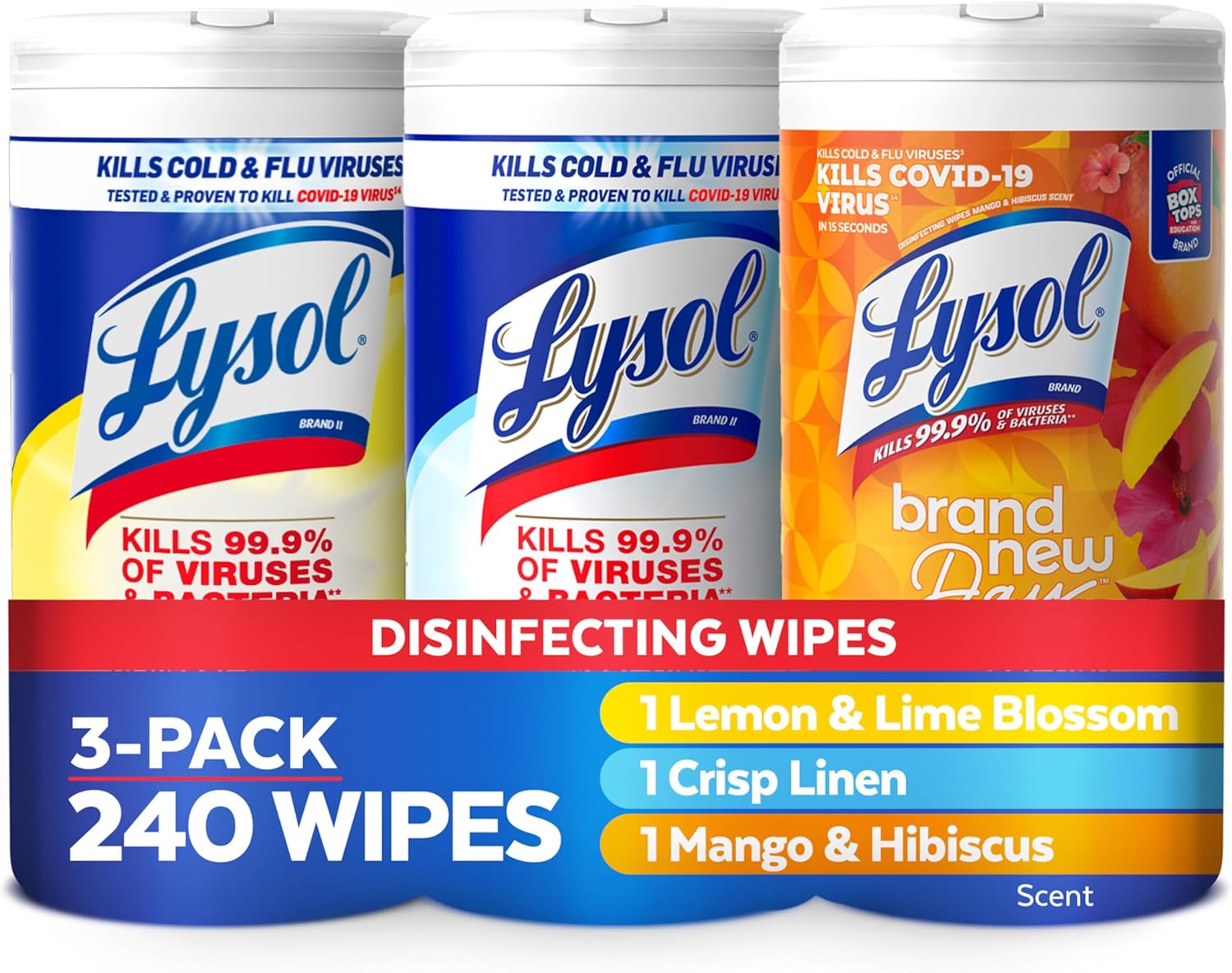 Lysol Disinfectant Wipes Bundle, Dorm Room Essentials, Multi-Surface Cleaning Wipes, For Disinfecting & Cleaning, Lemon & Lime Blossom, Crisp Linen, Mango & Hibiscus, 3×80 ct