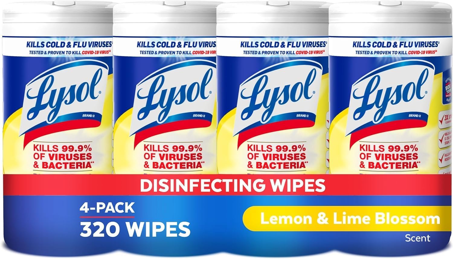 Lysol Disinfectant Wipes, Multi-Surface Antibacterial Cleaning Wipes, For Disinfecting and Cleaning, Lemon and Lime Blossom, Pack of 4