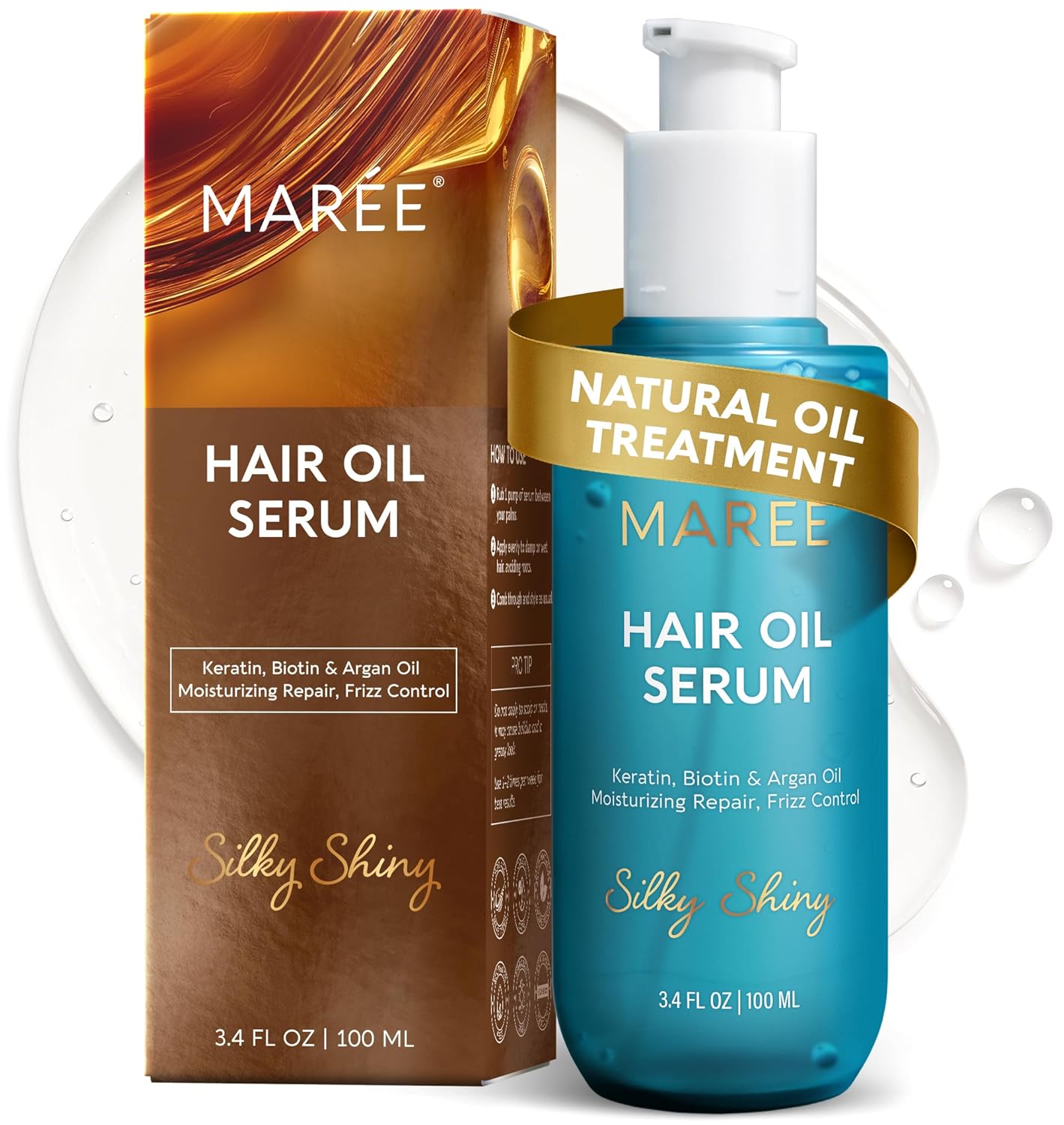 MAREE Hair Oil for Frizzy Hair with Argan Oil, Keratin & Biotin – Hair Serum for Dry and Curly Hair Gloss – Frizz Control Hair Care Products for Women – Aceite Para el Cabello – Keratin Hair Treatment