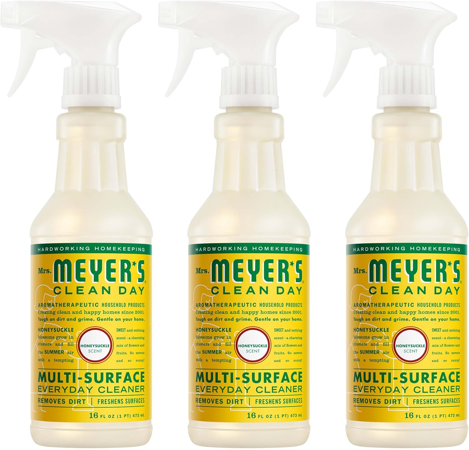 MRS. MEYER’S CLEAN DAY Multi-Surface Everyday Cleaner, Honeysuckle Scent, 16 Fl Oz Bottle – 3 Pack