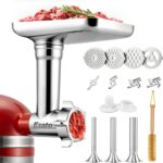 Meat Grinder Attachment for KitchenAid Mixer, Food Grinder Attachment with Sausage Stuffer, Compatible with KitchenAid All Models, All-Metal Design, Includes 4 Grinding Plates & 3 Sausage Tubes