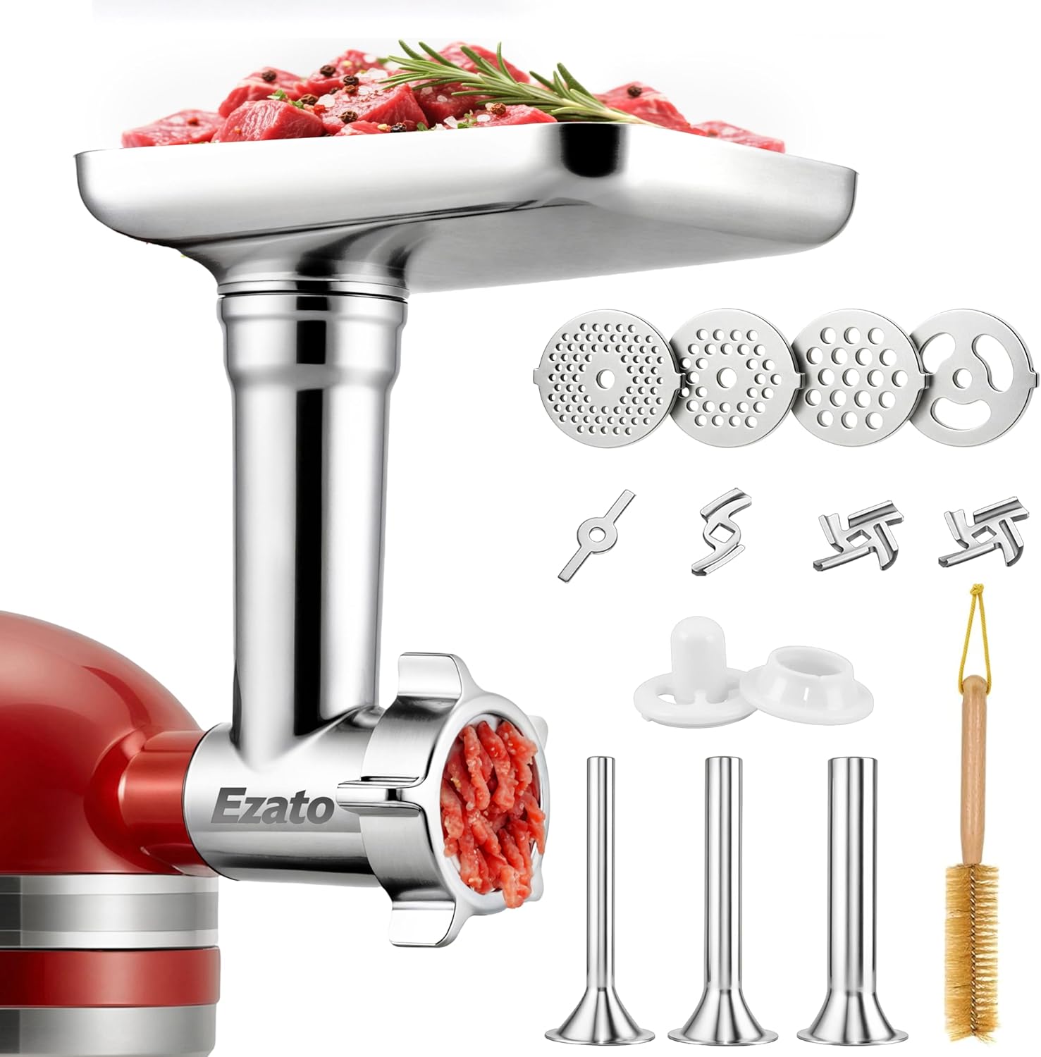 Meat Grinder Attachment for KitchenAid Mixer, Food Grinder Attachment with Sausage Stuffer, Compatible with KitchenAid All Models, All-Metal Design, Includes 4 Grinding Plates & 3 Sausage Tubes