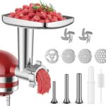 Meat Grinder Attachment for KitchenAid Stand Mixer, Metal Food Grinder for Kitchen Aid Includes 4 Grinding Plates, 3 Sausage Stuffer Tubes and 2 Cutting Blades
