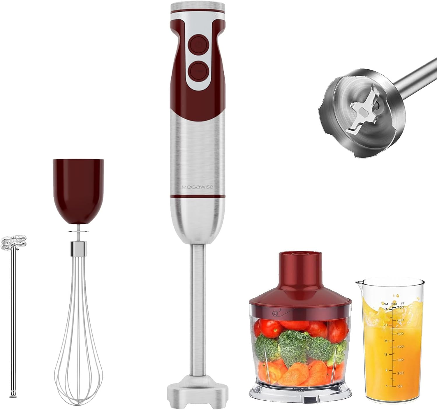 MegaWise 5-in-1 Immersion Hand Blender Set with Variable Speed, 400W, Stainless Steel – Includes Chopper, Whisk, Milk Frother, and Beaker – Ideal for Soups, Smoothies, Baby Food & More (RED)