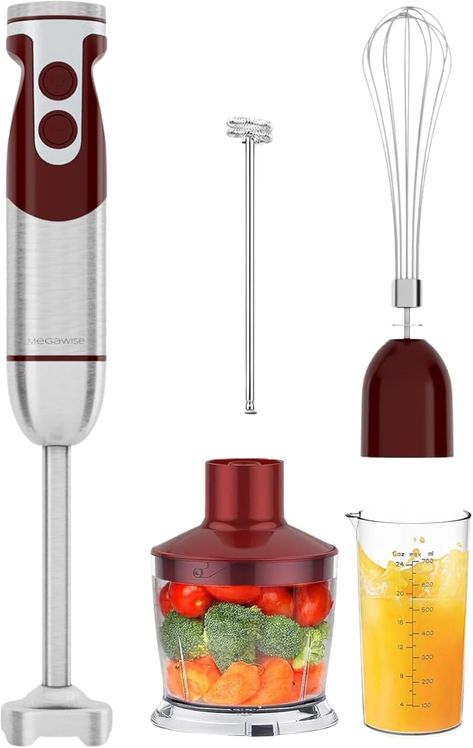 MegaWise Pro Titanium Reinforced 5-in-1 Immersion Hand Blender, Powerful Motor with 80% Sharper Blades, 12-Speed Corded Blender, Including 500ml Chopper, 600ml Beaker, Whisk and Milk Frother (Red)
