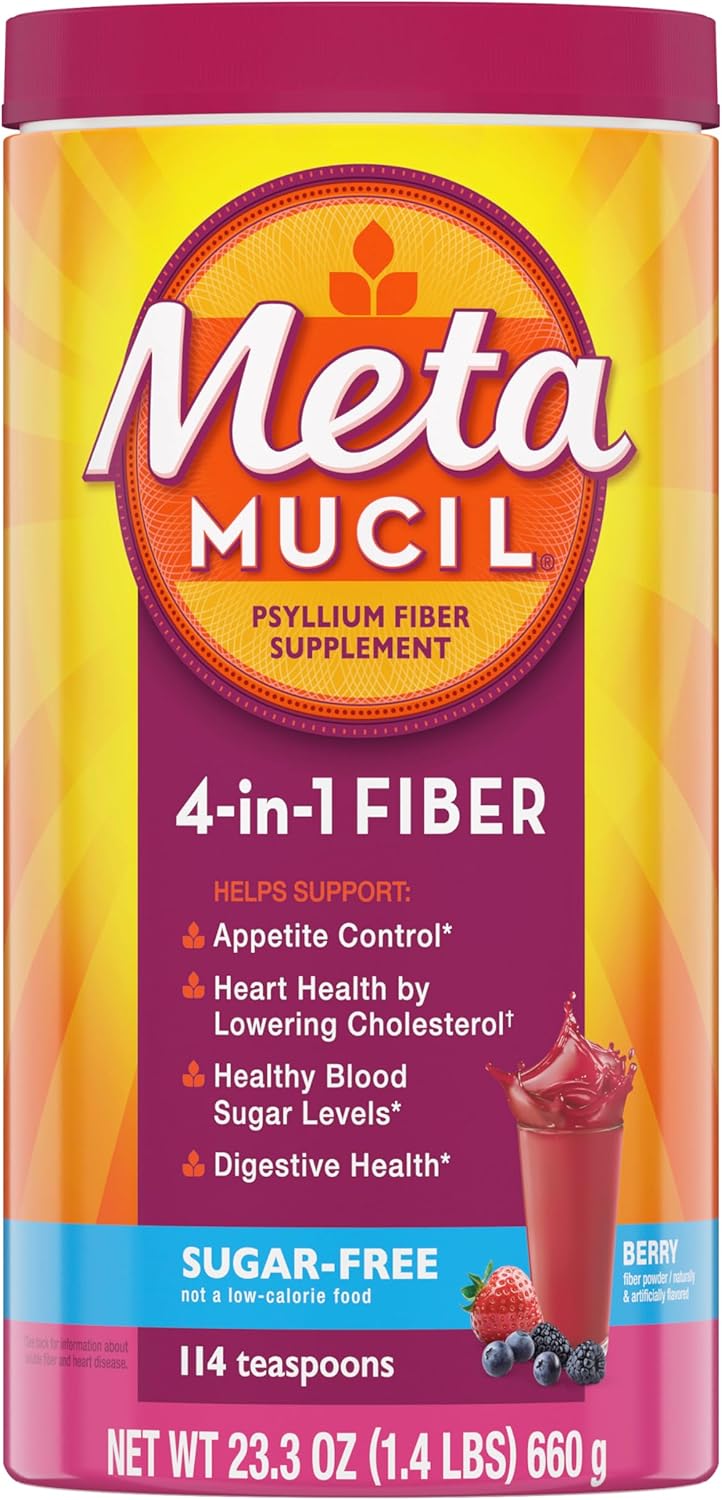 Metamucil, 4-in-1 Fiber Supplement, Psyllium Husk Powder, Sugar-Free Powder, Berry Flavored Drink, 114 Servings