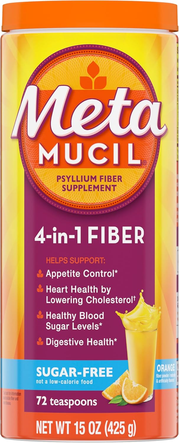 Metamucil 4-in-1 Psyllium Husk GLP-1 Friendly Fiber Supplement, Sugar-Free, 72 teaspoons, Orange Flavored, Daily Fiber Powder for Digestive Health, made with Plant-Based Psyllium Husk Fiber