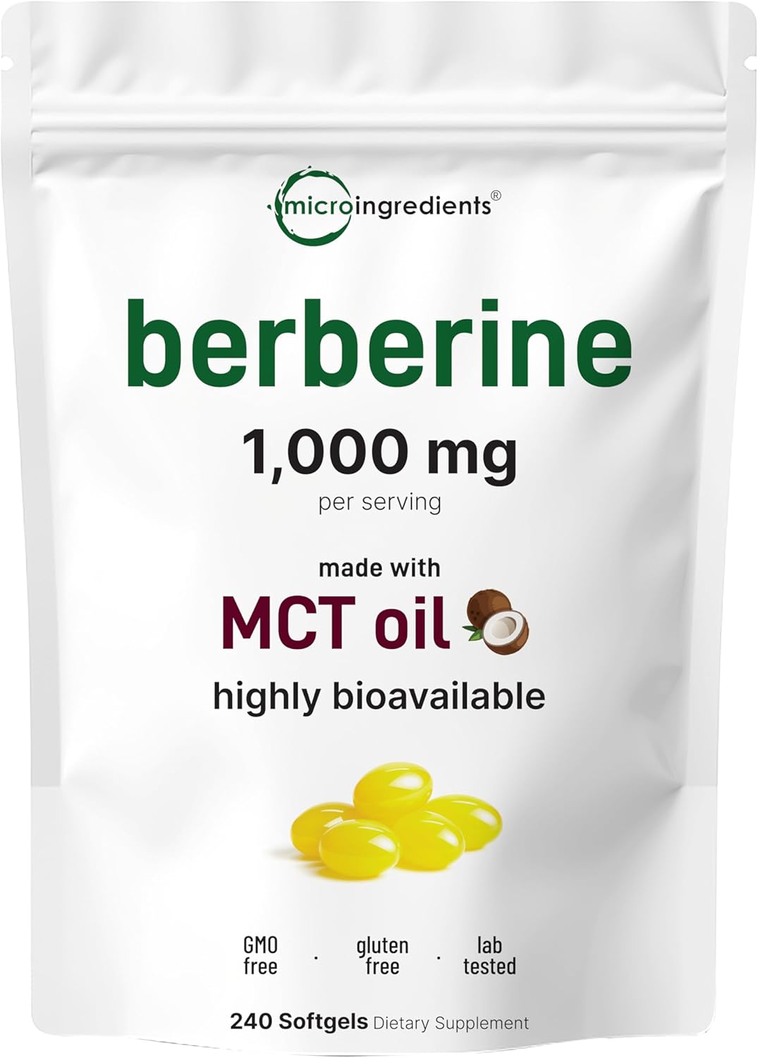Micro Ingredients Berberine 1000mg with MCT Oil, 240 Softgels | Highly Bioavailable Formula with Berberine HCI from Berberis Aristata | Non-GMO, Gluten Free, No Soy