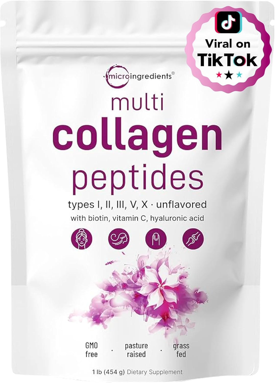 Micro Ingredients Multi Collagen Peptides Powder, 1lb – Hydrolyzed Type I,II,III,V,X with Biotin, Hyaluronic Acid, Vitamin C – Unflavored Collagen for Women & Men, Easy Dissolve, 41 Servings