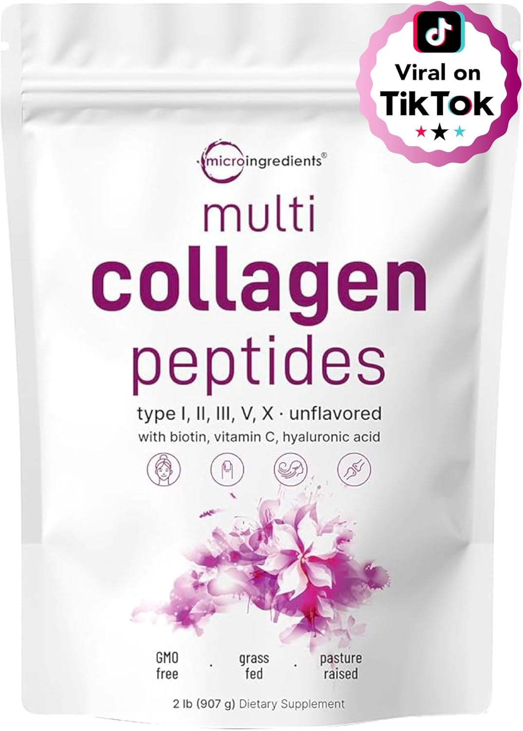 Micro Ingredients Multi Collagen Peptides Powder, 2lb – Hydrolyzed Type I,II,III,V,X with Biotin, Hyaluronic Acid, Vitamin C – Unflavored Collagen for Women & Men, Easy Dissolve, 82 Servings