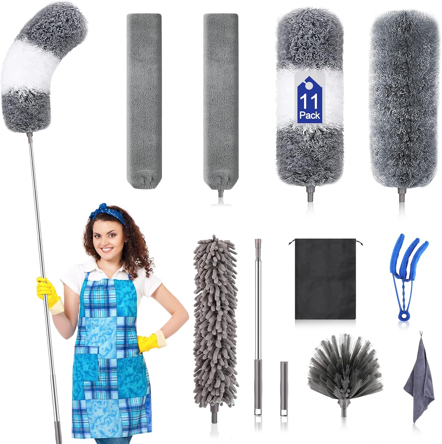 Microfiber Duster Kit (11PCS) – Washable Dusters with Extension Pole (30 to 100 in) for Cleaning Ceilings, Fans, Furniture