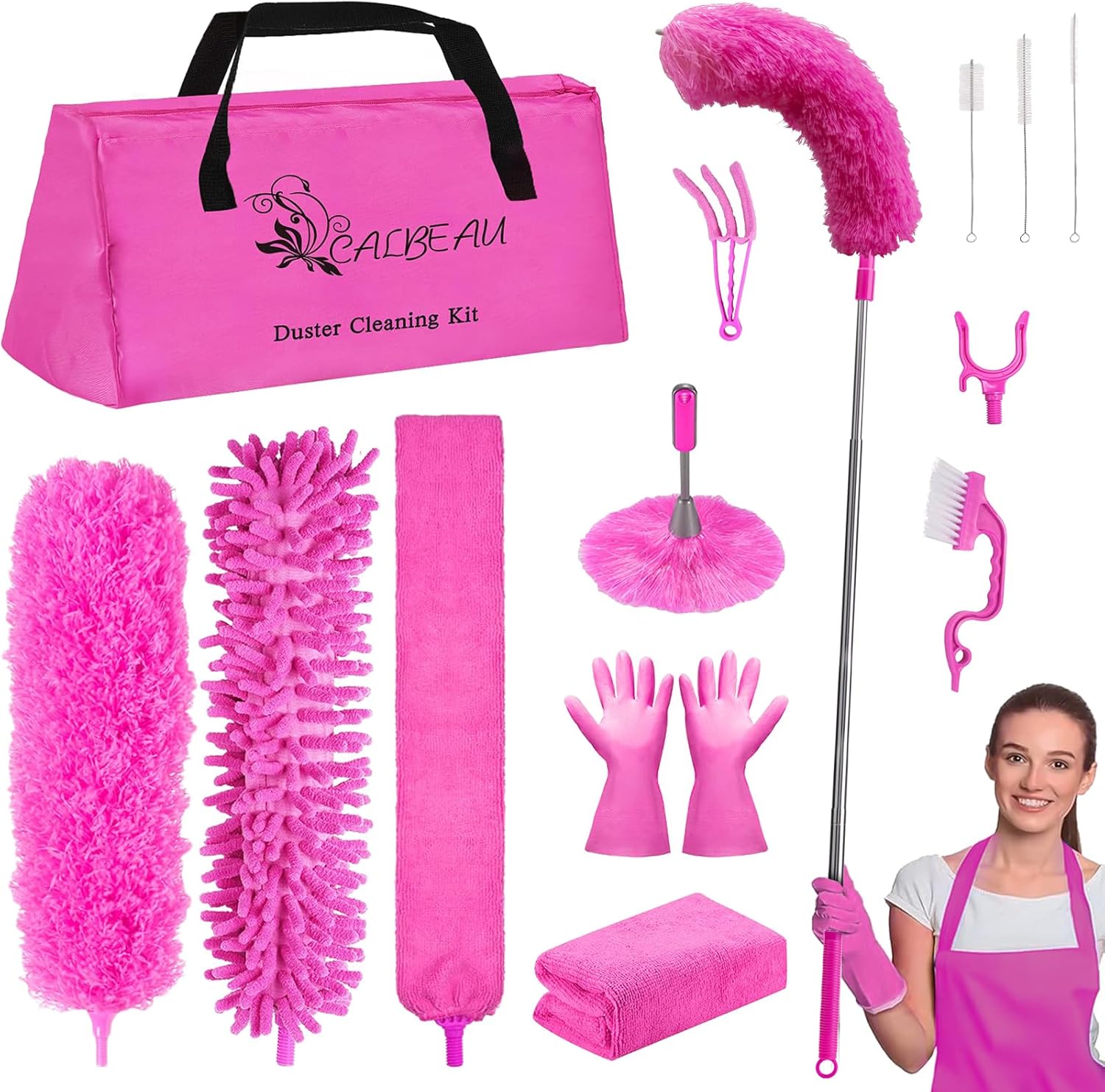 Microfiber Dusters for Cleaning, Feather Dusters with Extension Pole, Bendable & Washable Dusters for High Ceiling Fan, Blinds, Cars, Furniture, Cleaning Tools Kit Pink Gift for Women (15 PCS)