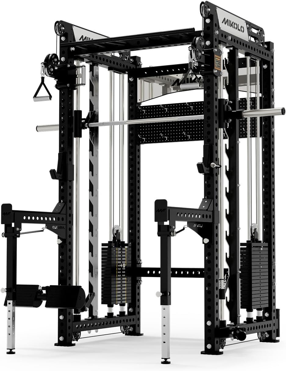 Mikolo Anubis-2.0 Smith Machine, 2000LBS Power Cage with LAT Pulldown&Cable Crossover, Multi-Function Trainer with Aluminum Pulley System for Fitness Home Gym