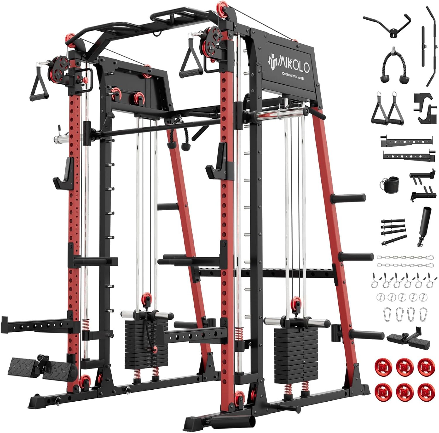 Mikolo M4 2.0 Smith Machine, 2200lbs Squat Rack with LAT-Pull Down System & Cable Crossover Machine, Training Equipment with Leg Hold-Down Attachment