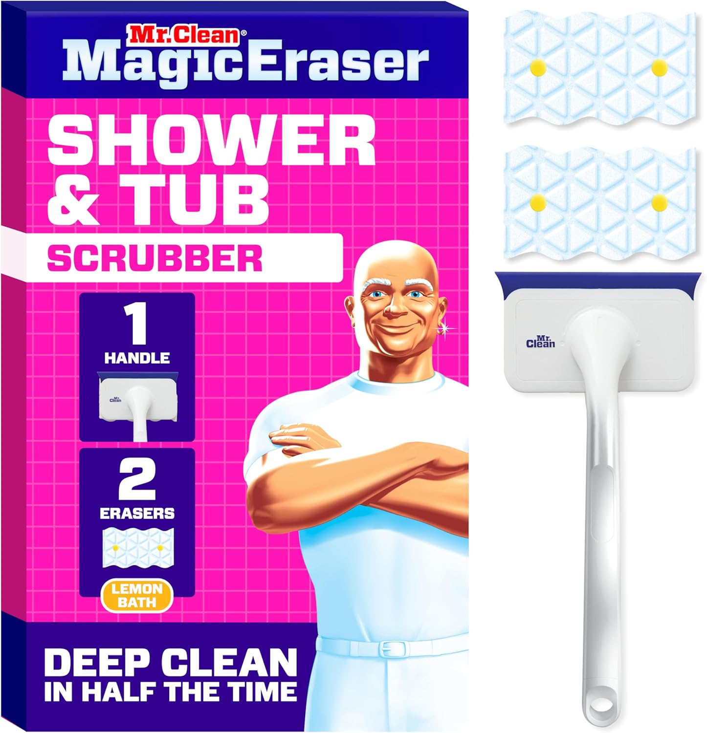 Mr. Clean Magic Eraser Shower & Tub Scrubber, Bathroom Cleaner, All in One Bathroom Cleaner, Lemon Starter Kit, 1 Scrubber & 2 Foaming Magic Erasers
