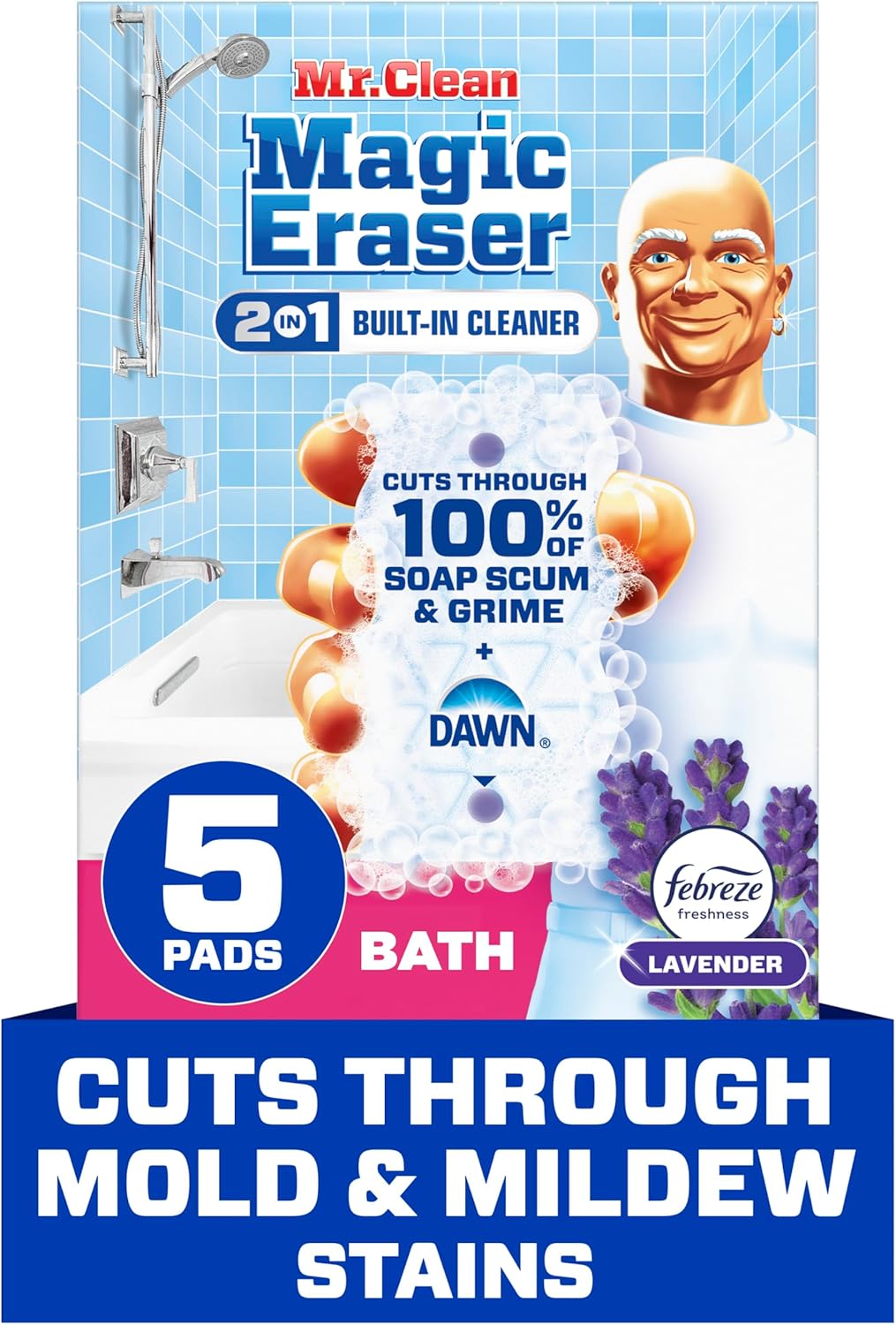 Mr. Clean Magic Eraser Sponge, Bathroom Cleaner, Shower Cleaner, Tub Cleaner, Soap Scum Remover, Bathroom Cleaning Supplies, Dawn Cleaning Power with Febreze Lavender Scent, 5ct