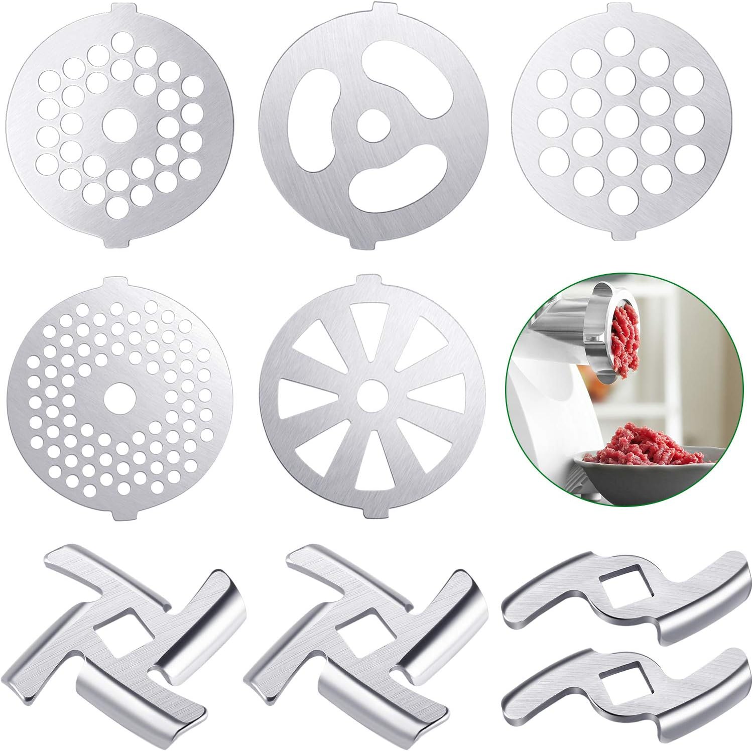 Mudder 9 Pieces Meat Grinder Blades Plate Discs Stainless Steel Food Knife Cutter Meat Grinder Replacement Parts for Size 5 Stand Mixer Accessories