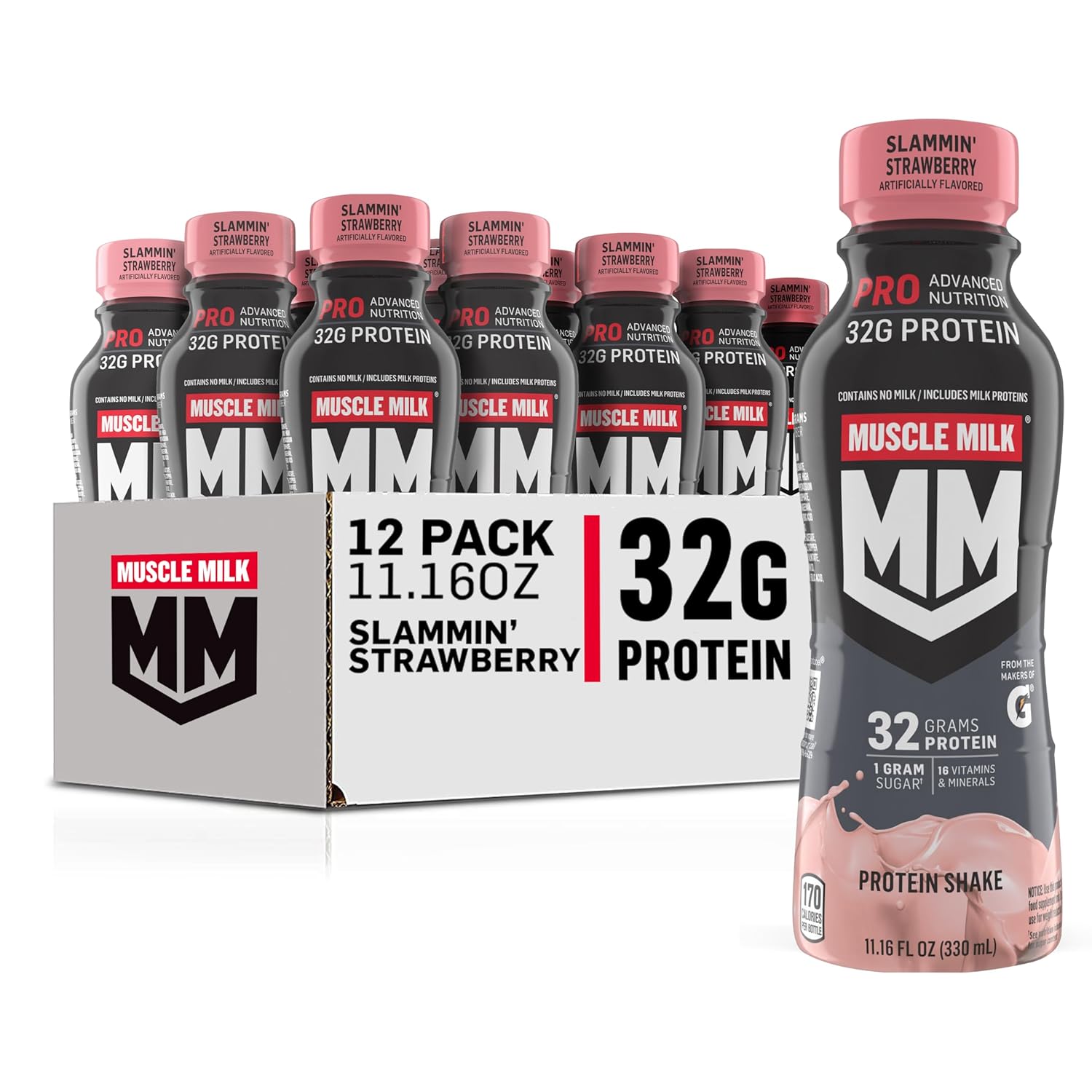 Muscle Milk Pro Advanced Nutrition Protein Shake, Slammin’ Strawberry, 11.16 Fl Oz (Pack of 12), 32g Protein, 1g Sugar, 16 Vitamins & Minerals, 5g Fiber, Bottled Liquid, Gluten Free