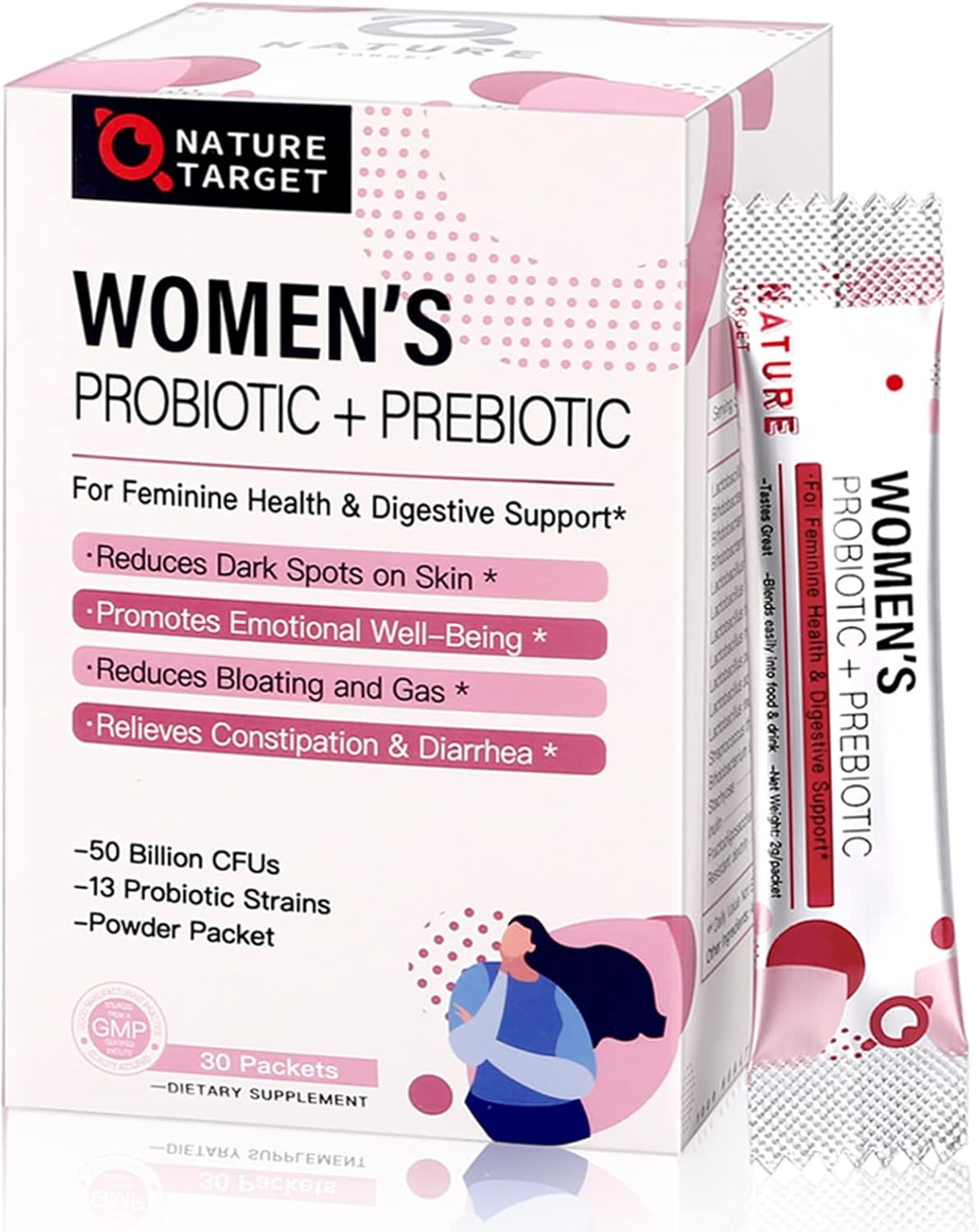 NATURE TARGET Probiotics for Women Probiotic Powder – 50 Billion CFUs, 13 Strains Supports for Digestive Vaginal Health, Bloating Relief, 30 Stick Packs
