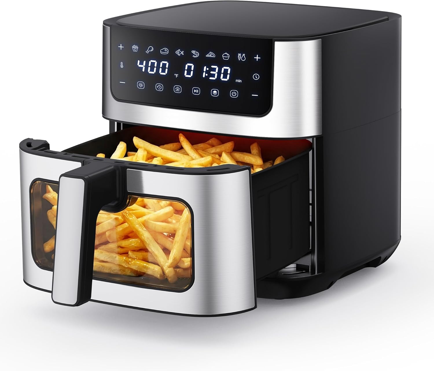 NEWBULIG Air Fryer 6.34QT, Airfryer with Visible Window, 400℉ Fast Heating Air Fryers Oven with Nonstick and Dishwasher-Safe Basket, 8-in-1 Cooking Preset, Timer，Auto-Off, Stainless Steel, Black