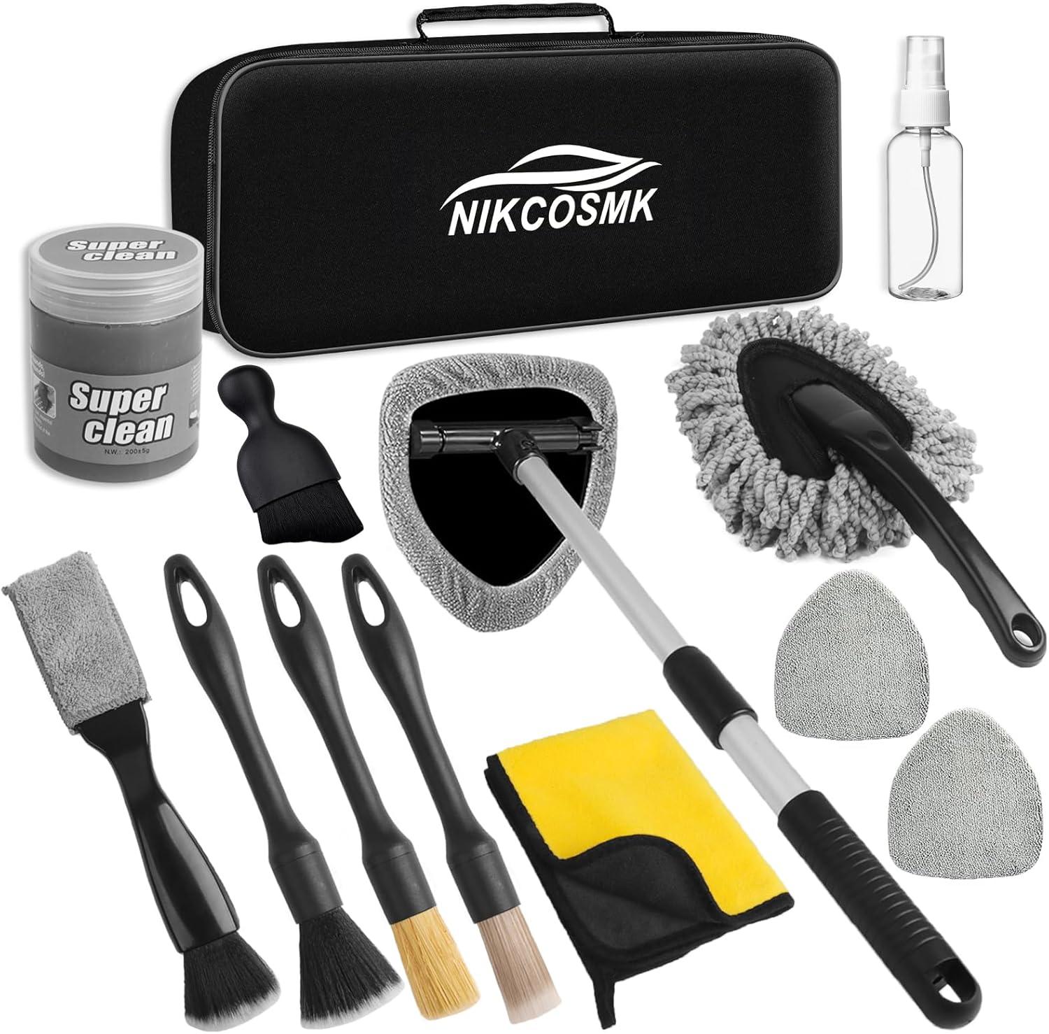 NIKCOSMK Windshield Cleaner Tool, 14Pcs Car Cleaning Kit – Car Interior Detailing Kit with Extendable Handle, Cleaning Gel & Microfiber Pads, All-in-One Inside Car Cleaning Supplies for Women Men