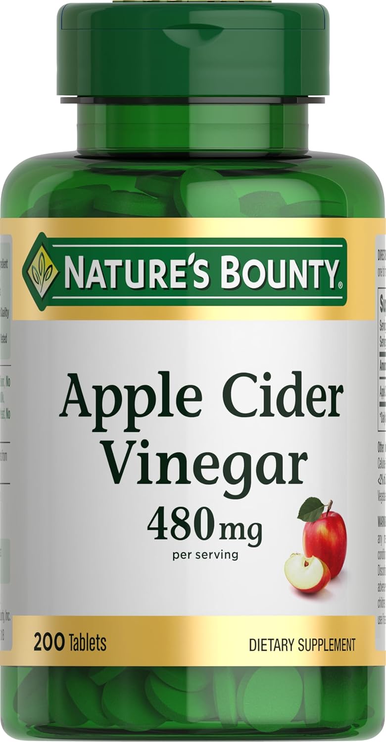 Nature’s Bounty Apple Cider Vinegar 480mg Pills, Vegetarian Supplement Plant Based, 200 Tablets