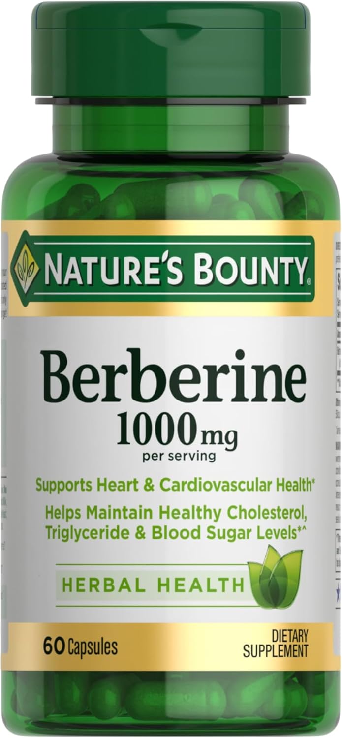 Nature’s Bounty Berberine 1000mg Capsules, Supports Heart Health, Cholesterol & Blood Sugar Levels in a Normal Range, Non-GMO Supplement, 60 Count