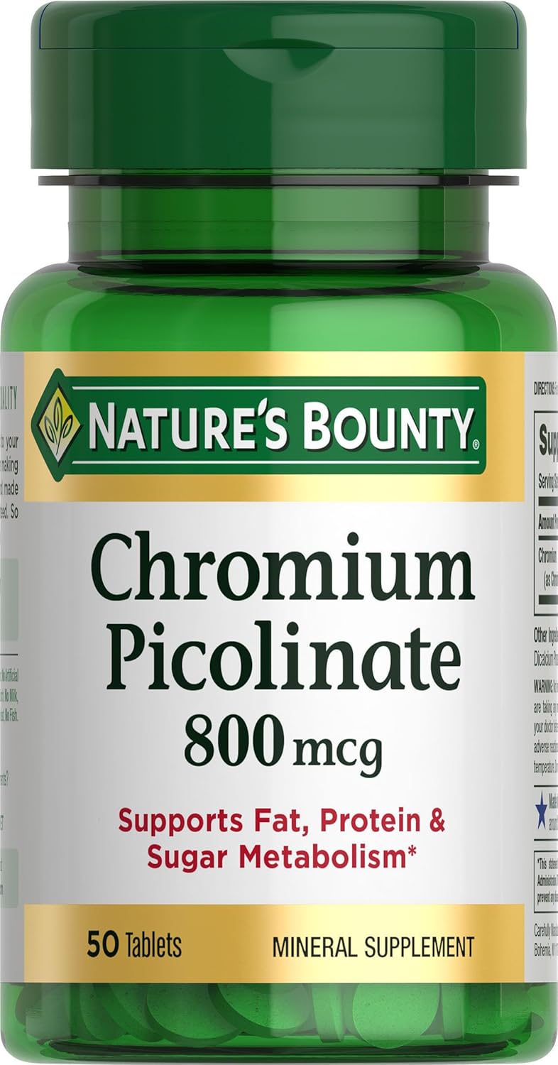 Nature’s Bounty Chromium Picolinate, Supports Fat, Protein & Sugar Metabolism, Mineral Supplement, 800 mcg, 50 Tablets