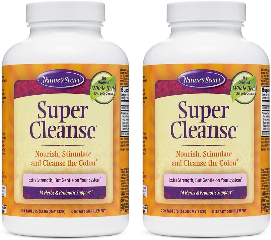 Nature’s Secret Super Cleanse Extra Strength Toxin Detox & Gentle Elimination Body Cleanse, Digestive & Colon Health Support – Stimulating Blend of 14 Herbs with Probiotics – 200 Tablets (Pack of 2)