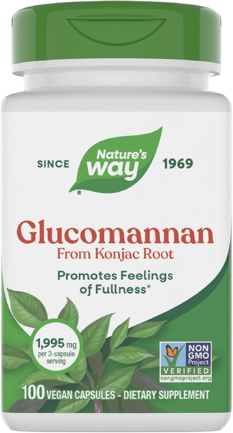 Nature’s Way Herbal Glucomannan from Konjac Root Capsules, Promotes Feelings of Fullness*, 1,995 mg per 3-Capsule Serving, Non-GMO Project Verified, Vegan, 100 Capsules (Packaging May Vary)