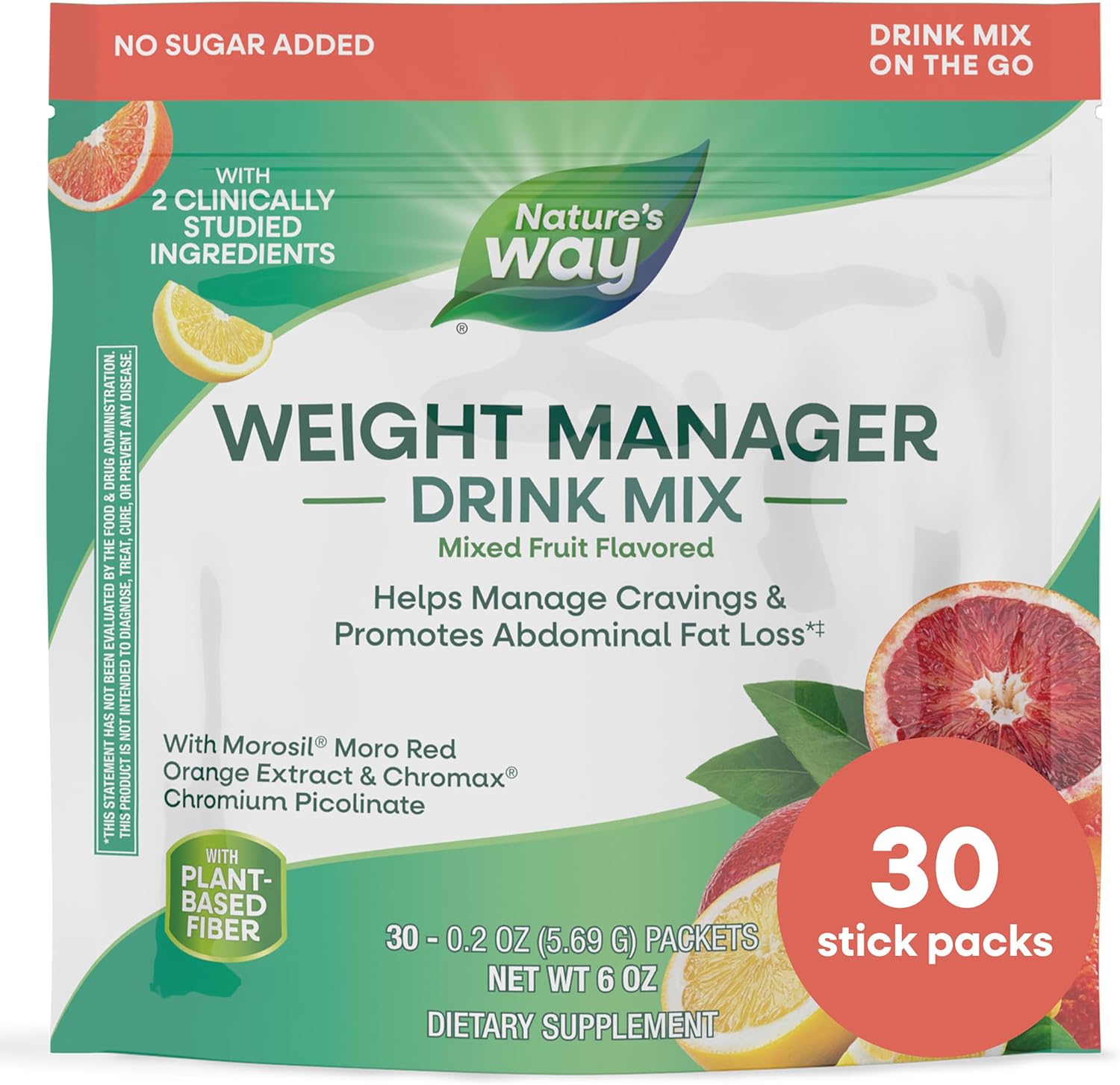 Nature’s Way Weight Manager Drink Mix Packets, Supports Craving Management & Abdominal Fat Loss*(1), with Clinically Studied Ingredients, Plant-Based Fiber, No Sugar, Mixed Fruit Flavored, 30 Packets