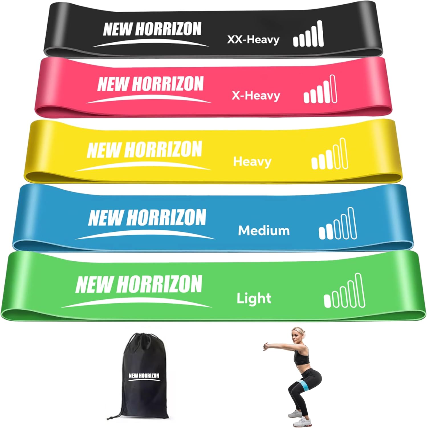 New Horrizon Resistance Bands Resistance Loop Exercise Bands for Working Out, Set of 5 with Carry Bag – Strength Training & Physical Therapy Bands for Men & Women – Home Gym & Yoga – Lifetime Support