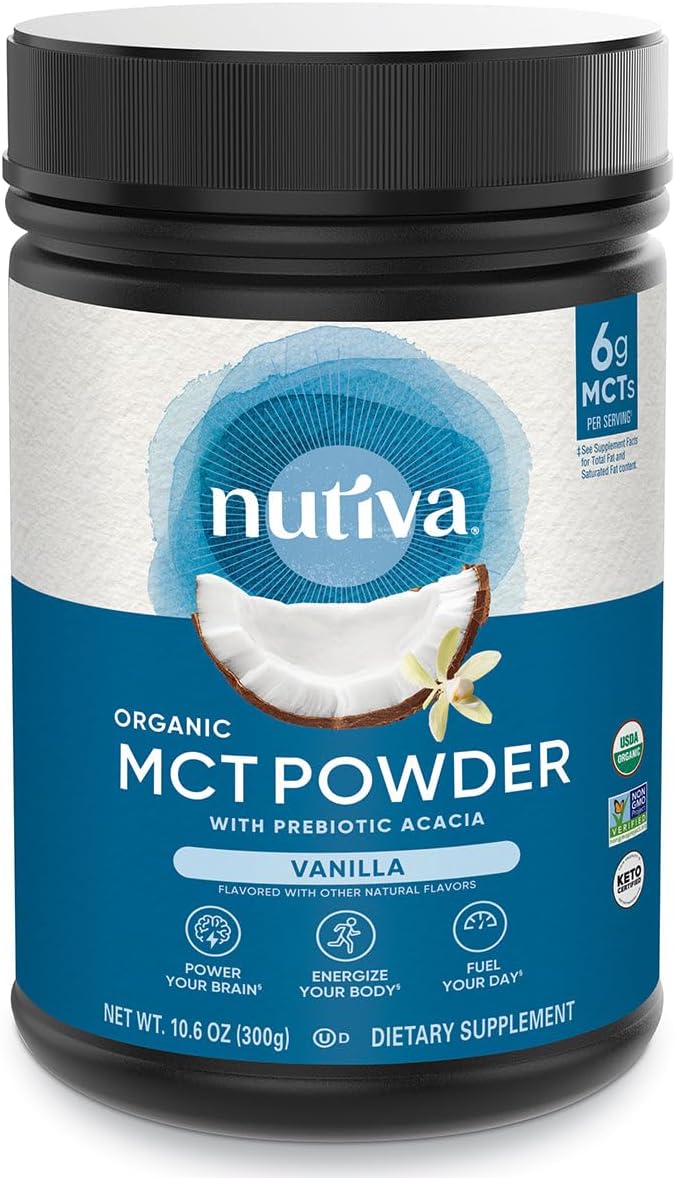 Nutiva Organic MCT Powder with Prebiotic Acacia Fiber, Vanilla, 10.6 Oz, USDA Organic, Non-GMO, Non-BPA, Vegan, Gluten-Free, Keto & Paleo, Instant Beverage or Boost to Coffee & Smoothies