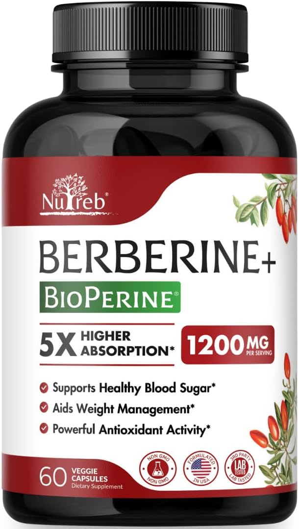 Nutreb Berberine Supplement 1200mg – 5X Higher Absorption – Ultra Pure 98% Berberine HCL – Healthy Weight Management, Immune Support – Non GMO, Manufactured in USA – 60 Vegan Capsules
