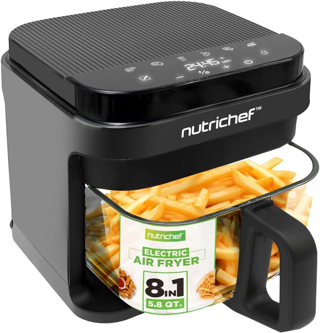 Nutrichef 5.8 Quart Air Fryer | 8-1 Preset Cook Modes | Transparent Fry Bowl for Best Cooking Results | Cook Shrimp, Steak, Fries, Wings, Chicken & More | Precise Temperature Control & Time | Grey