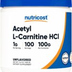Nutricost Acetyl L-Carnitine HCI (ALCAR) 100 Grams per Container - 1G Per Serving - Non-GMO, Gluten Free, Unflavored
