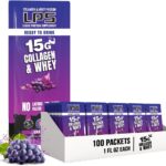 Nutritional Designs LPS Liquid Collagen & Whey Protein Supplement - Non-GMO Drink, Sugar-Free - Promotes Healthy Skin & Hair for Men & Women, Grape, Single Serve (100 Packets)