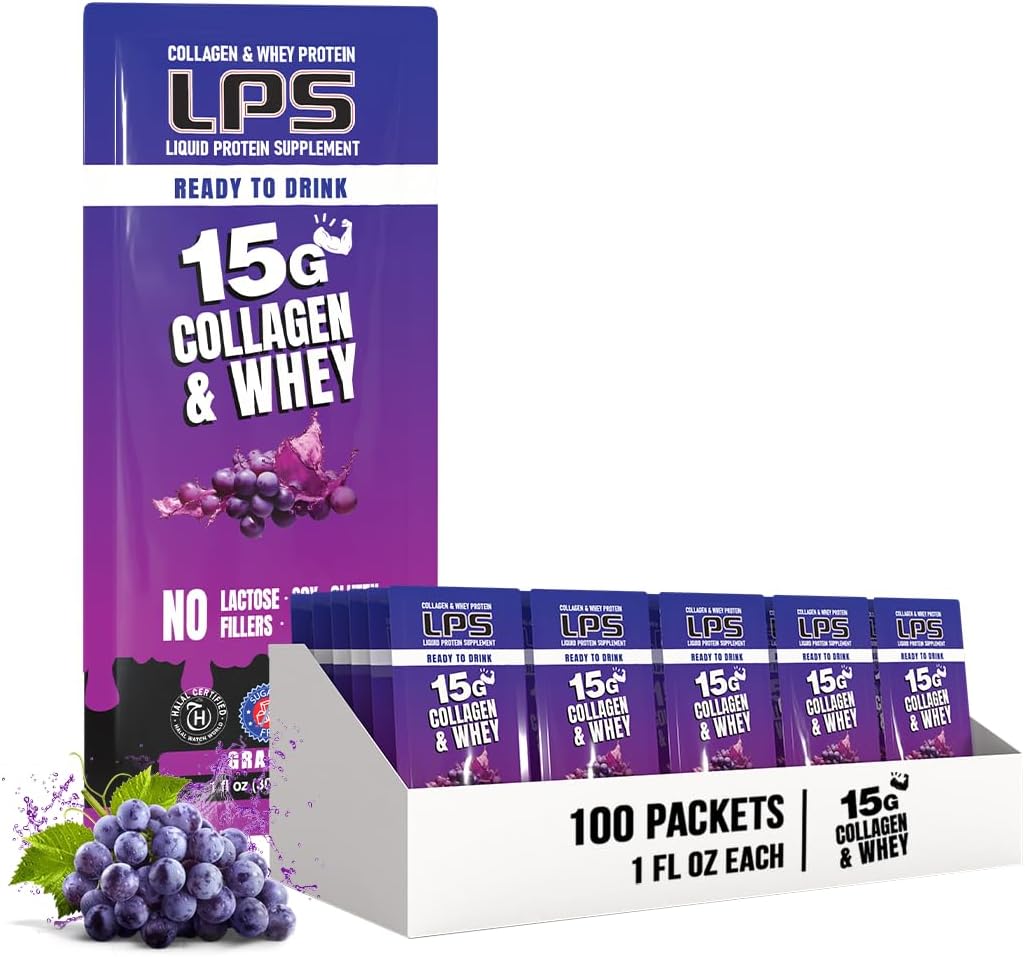 Nutritional Designs LPS Liquid Collagen & Whey Protein Supplement – Non-GMO Drink, Sugar-Free – Promotes Healthy Skin & Hair for Men & Women, Grape, Single Serve (100 Packets)
