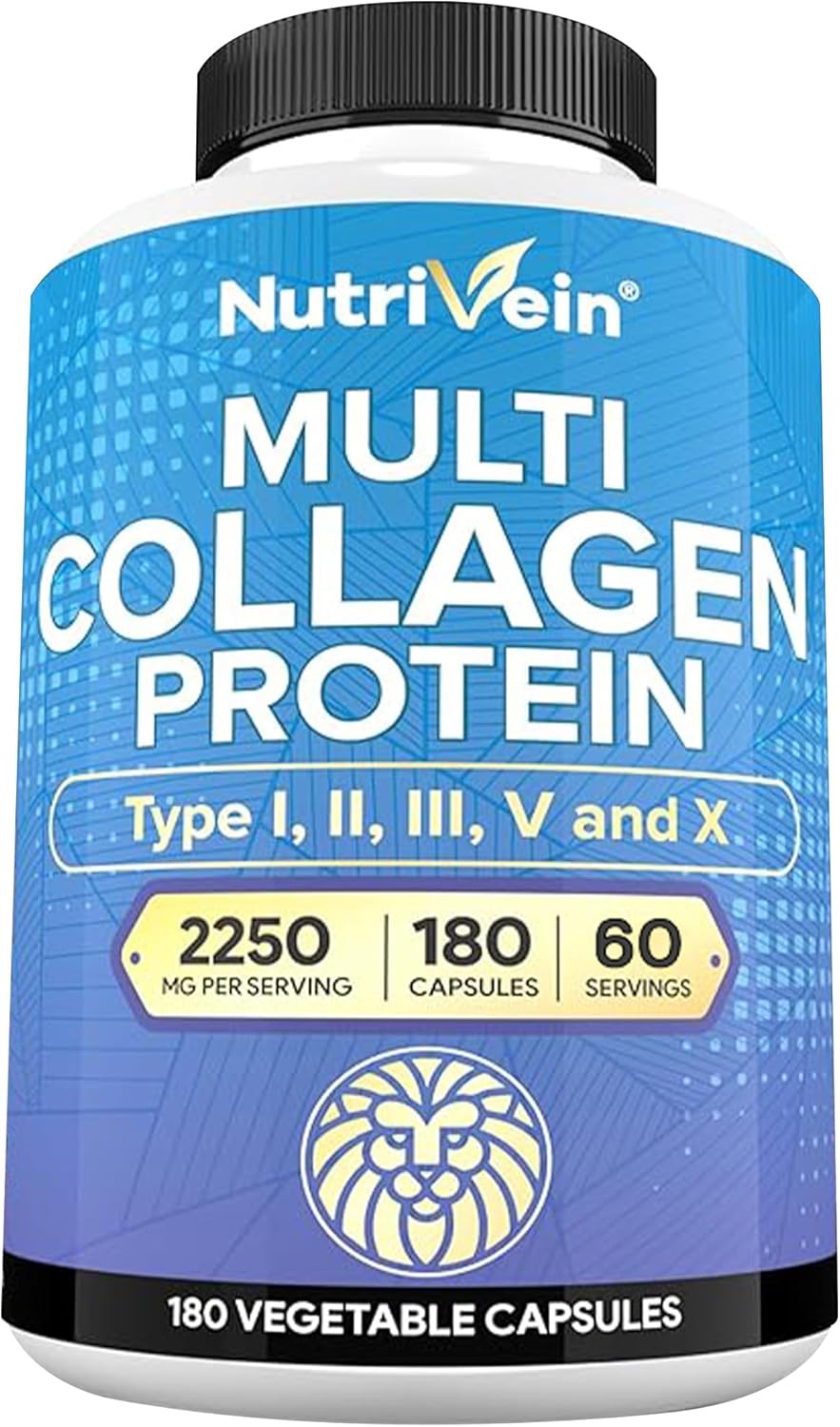 Nutrivein Premium Multi Collagen Pills 2250 mg – 180 Easy-to-Swallow Collagen Capsules: Type I, II, III, V, X Hydrolyzed Protein Peptides for Women and Men – Aging, Joints, Hair, Skin, Bones, & Nails