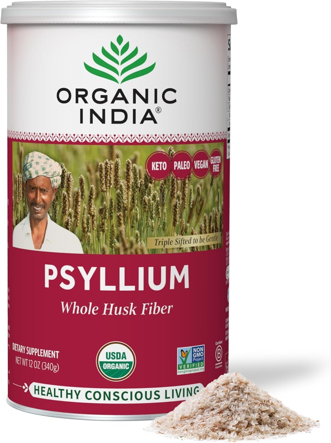 ORGANIC INDIA Psyllium Herbal Powder – Whole Husk Fiber, Vegan, Gluten-Free, USDA Certified Organic, Non-GMO, Soluble & Insoluble Fiber Source – 12 Oz Canister (Pack of 1)